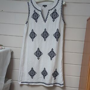 Linen/Viscose White Midi Dress with Navy Blue Embroidery Pattern